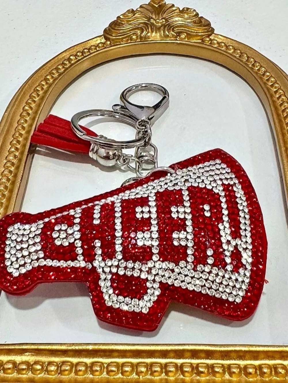 New Red & Silver Rhinestone Cheer Megaphone Keychain - Picture 4 of 5
